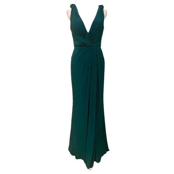 Ieena Mac Duggal Emerald Green Knotted Plunging Neck Jersey Stretch Gown 2 NWT - Picture 1 of 6